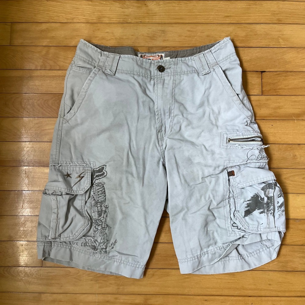 Fox Deluxe Mens Gray Distressed Graphic Cargo Shorts Y2K Skater Skeleton 32